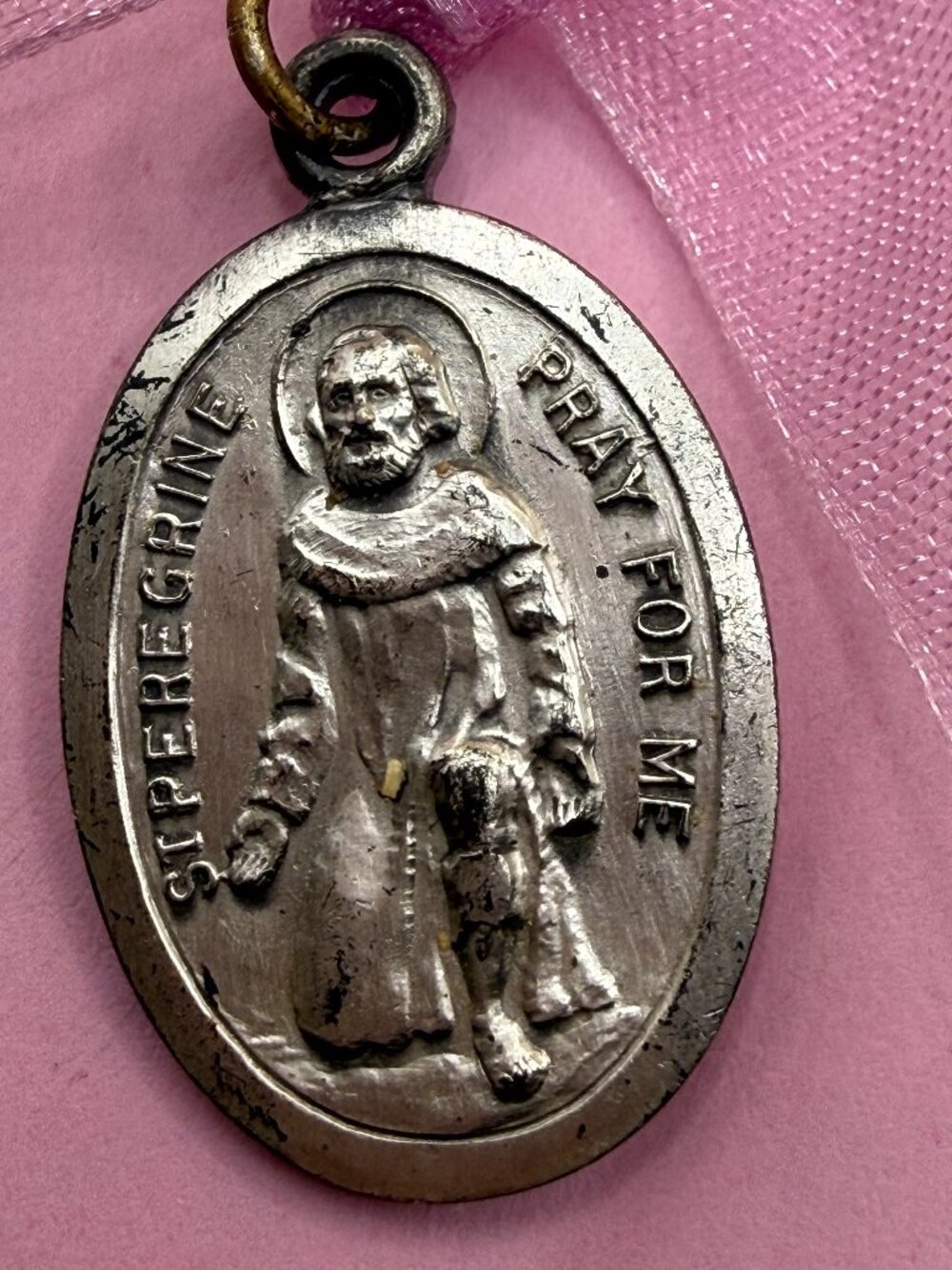 Vintage Old Silver Plate Saint St. Peregrine Catholic Religious Medal Pendant